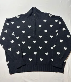Cozy Black Half-Zip Sweater with Cute White Hearts - Size L thumbnail 1