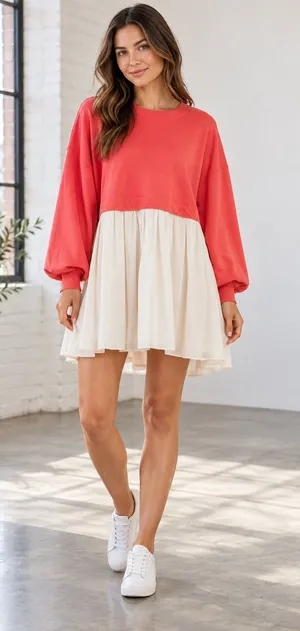 FREE PEOPLE Eleanor Layered Sweatshirt Minidress Watermelon Wedge Combo Size L thumbnail 1