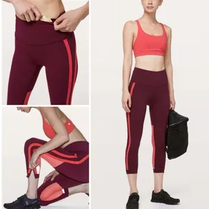 Lululemon Zip the Line Crop Leggings Burgundy Pink Stripe Zippers Size 6 thumbnail 2