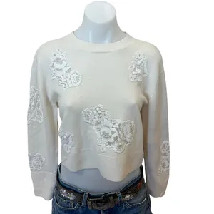 LoveShackFancy White Lace Crewneck Sweater XS Cashmere Romantic Designer $400 thumbnail 8