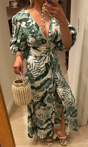 By Johanna Ortiz Linen maxi Dress Boho Puffy Sleeves Dress Floral Print thumbnail 2