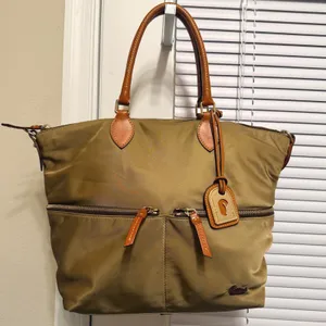 Dooney & Bourke Nylon Satchel Bag Khaki Tan Leather Trim Pockets Hot Pink‎ thumbnail 1