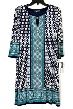 Studio One New York | Teal Navy Geometric Knee Length Dress NWT Womens Medium thumbnail 1