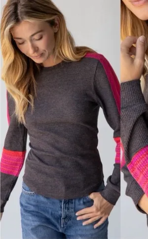 Natural Life London Trim Thermal Knit Top Gray Pink Size Medium Long Sleeves thumbnail 1