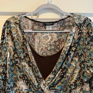 Perseption Concept Top Stretch Knit Popover Blouse Brown‎ Teal Paisley Medium thumbnail 2