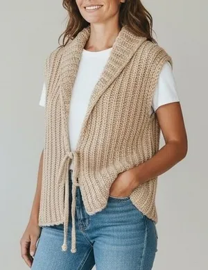 LE LIS Beige Chunky‎ Cable Ribbed Knit Sweater Vest Medium Tan Open Front Tie thumbnail 1