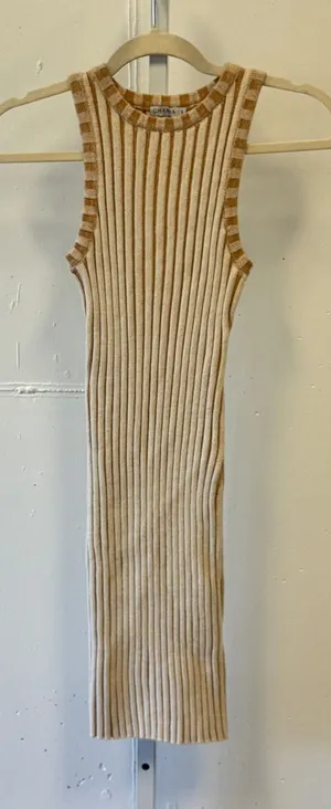 Ghanda Boutique Ribbed Knit Mini Dress Tan Cream Striped Bodycon Sleeveless Sm thumbnail 1