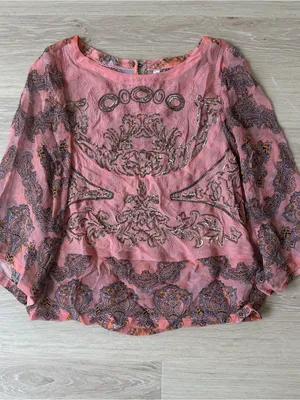 Anthropologie Ignacia Sheer Sequined Blouse Coral Gold Boho Top thumbnail 4