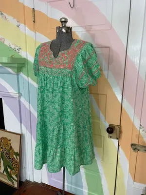 Sister Mary Green Paisley Embroidered Tiered Cotton Mini Boho Dress Sz S 🧡🎀 thumbnail 3