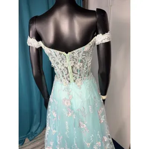Morrell Maxie Size 4 Aqua White Floral Lace Off‎ Shoulder Formal Gown thumbnail 6