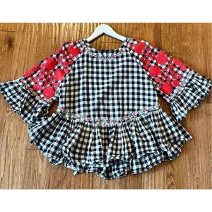 Anthropologie Pankaj & Nidhi checkered gingham embroidered floral swing blouse s thumbnail 10