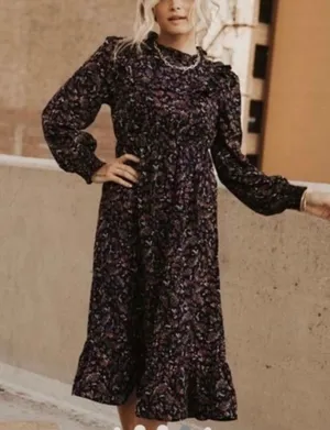 Bohme Modest Long Sleeve Smocked Floral Ruffle Midi Dress Size M thumbnail 1
