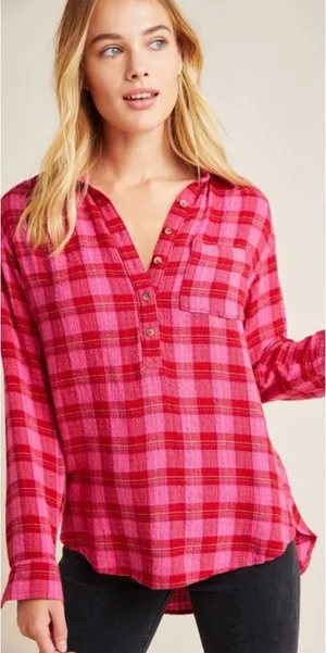 Anthropologie Isadora Button-Back Tunic Posy Pink Shirt‎ Blouse Top Plaid Medium thumbnail 1