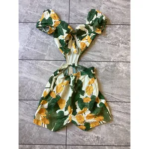 Farm Rio Tropical Anthurium Cutout Romper XS Yellow Green Linen thumbnail 7