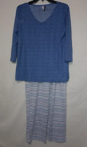 Jaclyn Intimates M Heatherd & Striped Pajama Set in Blue Pink thumbnail 1