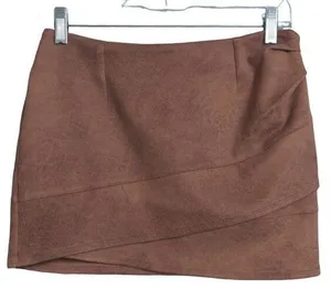 Free People Straight Skirt Women's 4 Brown Solid Mini Tiered Vegan Leather thumbnail 1