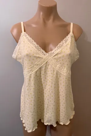Laura Ashley Micro Floral Lace Tank Top Pajama PJ Yellow Cream Large Ribbed thumbnail 1