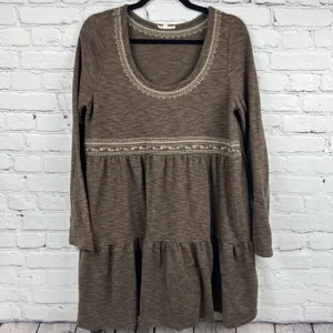 Easel Boho Brown Embroidered‎ Tiered Mini Dress Long Sleeve Babydoll Size Medium thumbnail 3