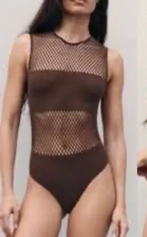 Zara Brown Mesh Open Knit Sleeveless Bodysuit XS-S NWOT thumbnail 1