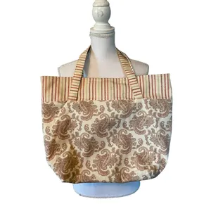 Fabric Tote Used Striped Paisley Gingham Red Beige Excellent Condition thumbnail 4