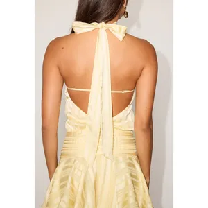 Lulus Cass Light Yellow Striped Satin Drop Waist Mini Dress Party Medium NWT thumbnail 4