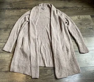 EUC Womens Barefoot Dreams cozy chic‎ lite tan brown ribbed soft cardigan size L thumbnail 1