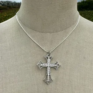 Silver tone rhinestone cross necklace thumbnail 1