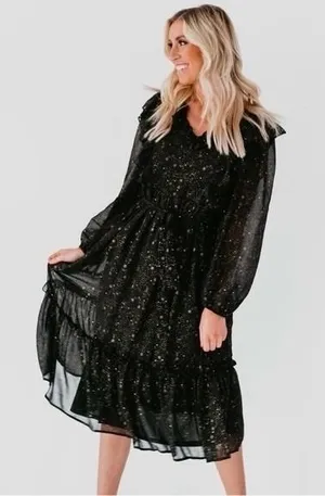 BY THE RIVER Chiffon Midi Dress Ruffled Black Gold Stars Party Glam Star Small‎ thumbnail 1