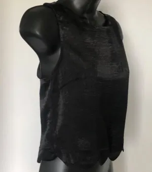 Monteau Los Angeles Black Scalloped Hem Crop Top, size Large thumbnail 1