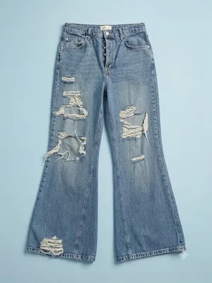 Free People Wide Leg Jeans Womens 28 Blue Light Wash Distressed Button thumbnail 1