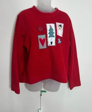 Vintage 90s Red Holiday Patch Fleece Sweater kids large women’s small festive thumbnail 1