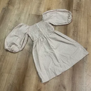 BIBI | Woman's NWT Taupe Tan White Striped Smocked Puff‎ Sleeve Dress, Size XL thumbnail 5