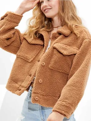 American Eagle Cropped Teddy Sherpa Button Up Jacket in Tan thumbnail 1