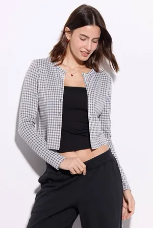 Wild Fable NWT Gingham Cropped‎ Cardigan Sweater Small Gray & White Button Down thumbnail 1