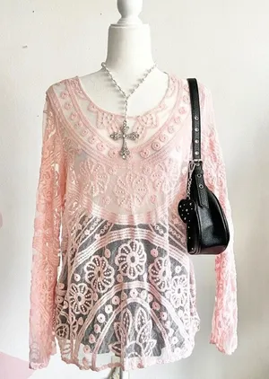 Pink Lace Mesh Top, Y2K, Coquette, Large, Festival,‎ Soft Girl, Dollcore, Girly thumbnail 1