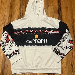 Carhartt Style Graphic Hoodie Women’s Size S White Black Pullover Sweatshirt thumbnail 2