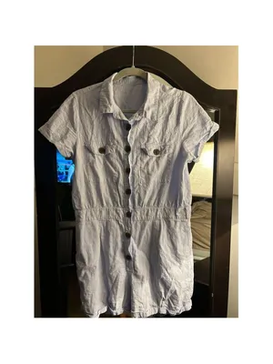 NEW 100% Cotton Pockets Romper Button Short Sleeve L NO BELT Light blue 100% Co thumbnail 4