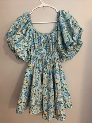 Altar'd State Blue Floral‎ Puff-Sleeve Dress thumbnail 1
