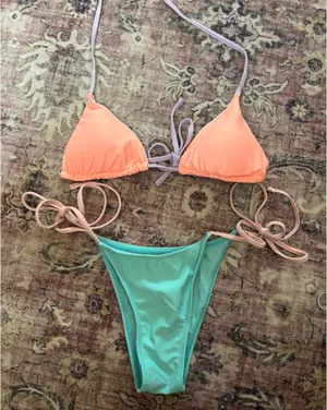 SHEIN Color Block Bathing Suit Set Pink Blue Purple thumbnail 1