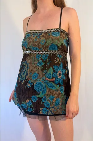 Fairy Boho Paisley Peacock Blue and Brown Floral Y2K Cami thumbnail 1