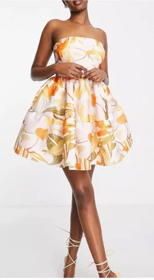 ASOS DESIGN bandeau tiered mini skater dress in yellow floral Size 2 thumbnail 1