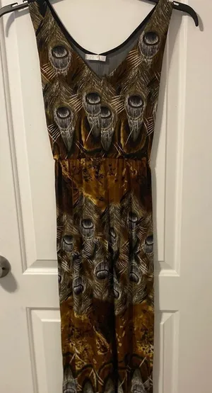 Julia Peacock Feather Maxi Dress Womens Medium Brown Mesh Inset Long Sundress NW thumbnail 1