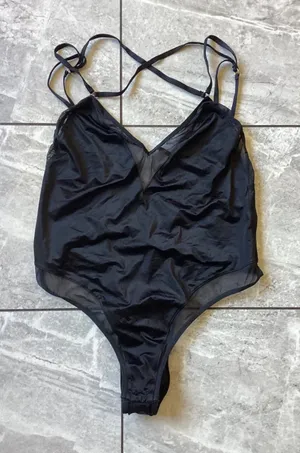 Victoria's Secret Black Mesh Panel Strappy Back Bodysuit L Large Gold Hardware thumbnail 1