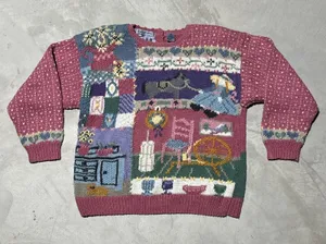 Vintage Hand Knitted Cardigan Sweater SZ L Cottagecore Antiques Farm House Pink thumbnail 1
