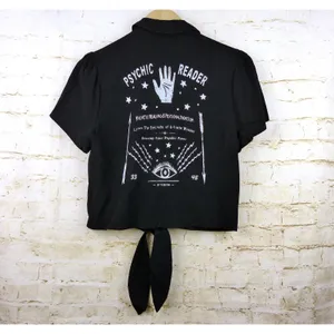 Hot Topic Shirt Women M Black Psychic Reader Tie Front Button Goth Witch Moon thumbnail 8