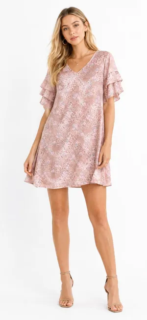 Entro Leopard Floral Ruffle Sleeve Dress Boho Cottagecore Coquette Girl Pink M thumbnail 1