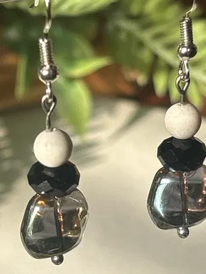 Handmade Silver-Tone Dangle Earrings with White, Black and Smoky Beads thumbnail 3