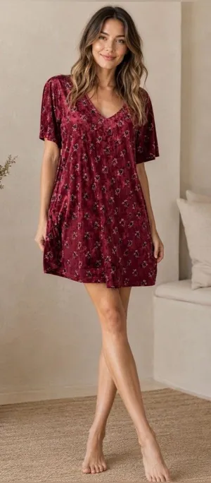 Natural Life Velvet Mini Dress Small Burgundy Floral Oversized Pocket Tunic thumbnail 1