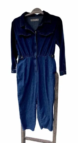 NWOT Rare ASOS Denim Jean Jumpsuit Romper with front zipper and button detail thumbnail 1