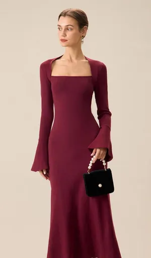 RIHOAS The Red Square Neck Flare Sleeve Midi Dress XS thumbnail 1